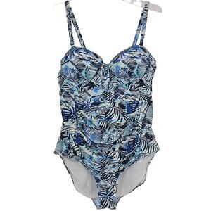 SurfGear Womans size XL One Piece Swimsuit Blue Leaf Ruched Molded Cups NEW
